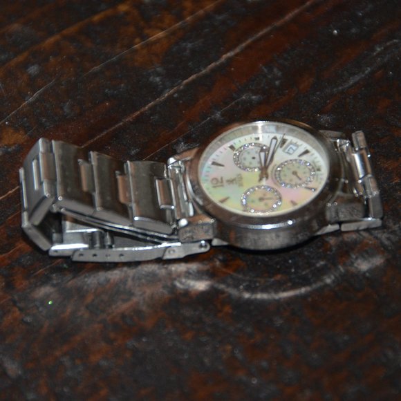 RARE VINTAGE ESTATE MAYORS BIRKS DIAMOND WHITE MOP CHRONOGRAPH SILVER BAND WATCH main image 4